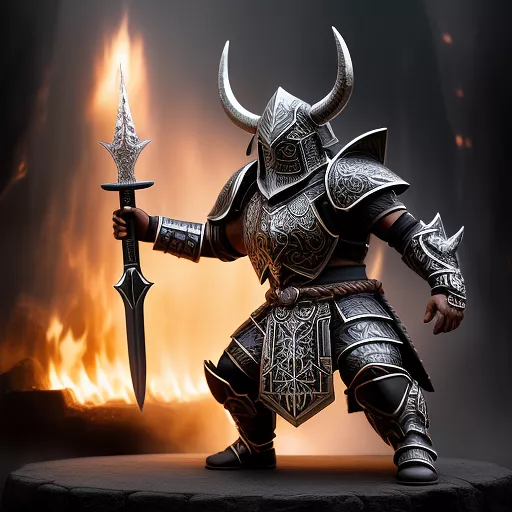 A dwarf in full seed and black plate armour with a close faced spartan helmet with thick demon horns daring a  short sword with dwarvish runics on the broadside in anime style