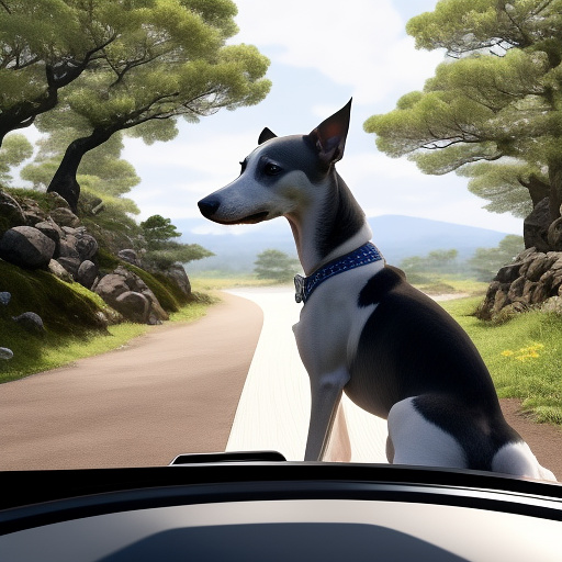 Side profile of a dark grey whippet with white fur in the middle of its face and snoot. the fur around the eyes is dark grey. the whippet has brown eyes. the whippet is sitting in the driver seat behind the wheel of a suzuki jimny. the whippet’s front two paws are on the steering wheel at 10 o’clock and 2 o’clock position. the whippet is wearing a white collar that has blue squiggle patterns on it. from inside the car the view out the window is the forest.  in anime style