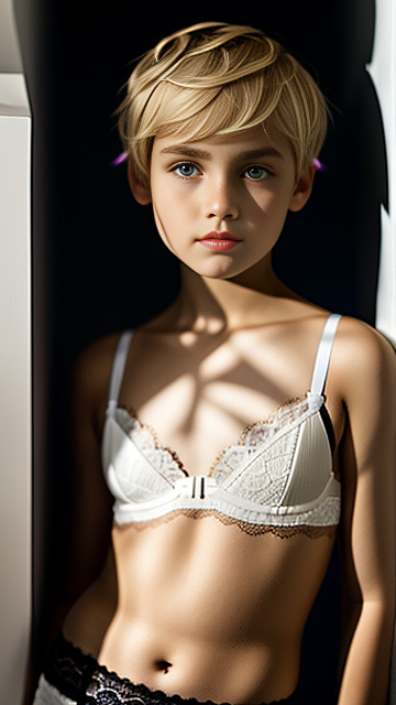  white, blonde, very cute, girl 11 years old, short buzz hair, lace bra, seductive look, in custom style