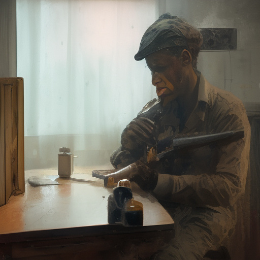In a dark room, there is a telephone and a gun on the table. a man is sitting on a chair, and he is dead. in custom style