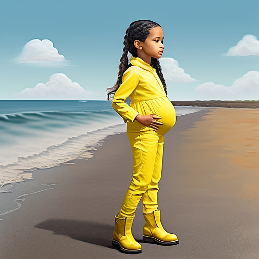 Realistic, detailed, pregnant, yellow jumpsuit, boots, beach, 7 years old, jenna ortega  in custom style