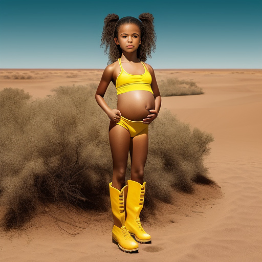 Realistic, hyper-detailed, pregnant, 7-years-old, jenna ortega, desert, yellow bikini and boots muscular in custom style