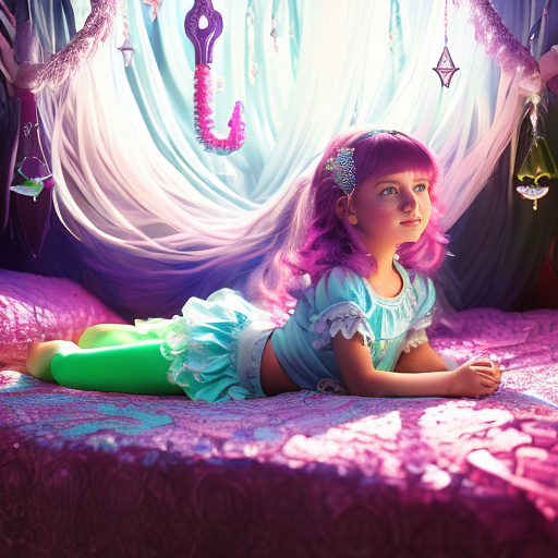A 7-year-old girl lies on a bed and masturbates. in angelcore style
