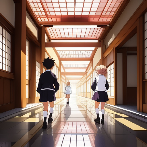 2 boys and 2 girls walking in a hall
 in anime style