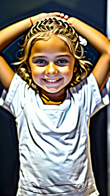 White cute smiling white 8 year blonde girl,  hands behind head,  in custom style