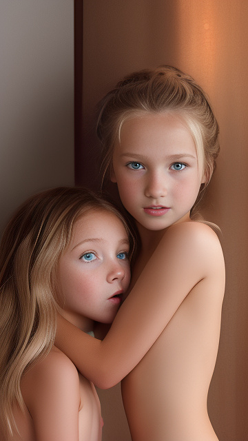 A 9-year-old naked girl is sucking another girl's breast. in custom style