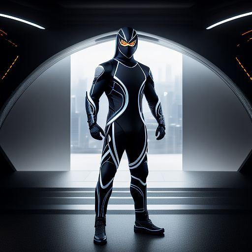 Full body shot, ninja man in black and blue clothes, high quality, meticulous detail, standing in a distinctive way. in sci-fi style