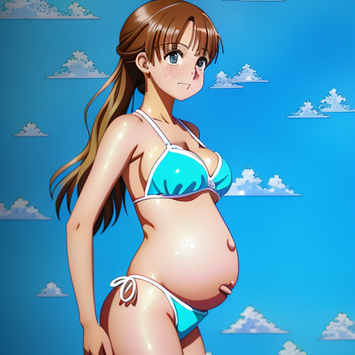 Pregnant 13-year-old girl wearing a bikini while showing her belly to the camera  in anime style