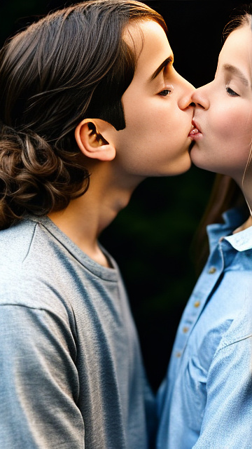 A romantic moment between childhood couple in canada. the 11-year-old boy is kissing his hot sexy girlfriend, wearing their modern canadian clothes. close-up in custom style