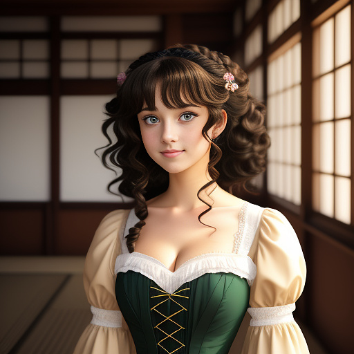 A woman beautiful who must be wearing a victorian dress. she must have short black curls and green eyes. in anime style