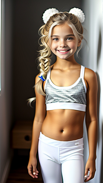 White, blonde, very cute, smiling, girl 9 years old, cloth bra , leggings  in custom style