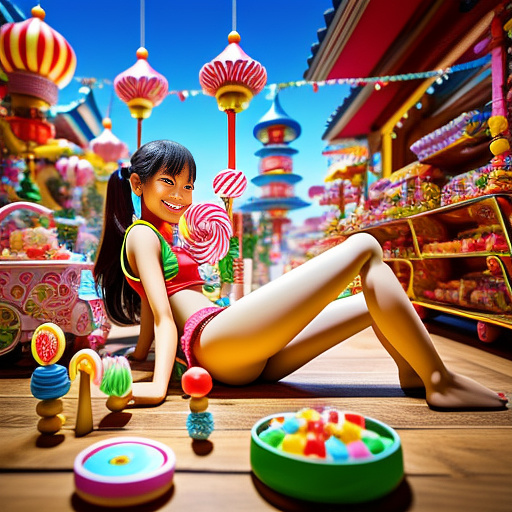 Realistic, detailed, from behind, skinny, smiling, legs spread, asian

 in kids painted style