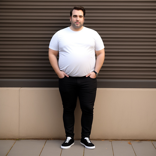 Full body obese brown haired white man without beard in jeans with black shoes and with a massive belly in custom style