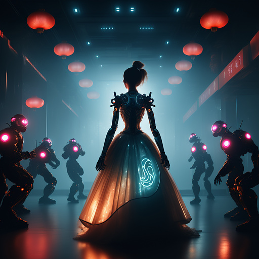 "cyborg" cinderella with brown hair in a messy ponytail in a silver ball gown with grease stains on it
one robotic leg and one robotic hand
attending a chinese lunar festival in sci-fi style