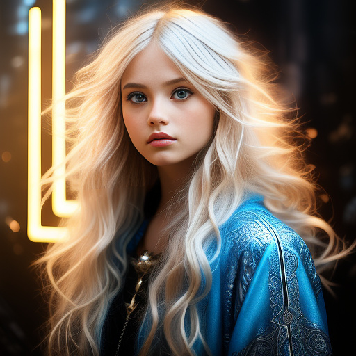 Girl with blonde hair and blue eyes
 in angelcore style