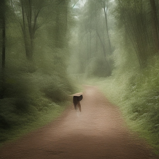 A tired 9-year-old girl is walking along a forest path. it's evening. she has a basket in her hand. she's wearing a panama hat. view from behind. in custom style