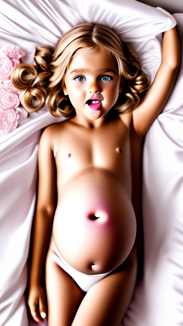 Realistic, detailed, 7-year-old blonde girl, pregnant, white wedding outfit, showing belly, laying in bed, top down full body view, red blush, black skin, mouth open, pink eyes   in custom style