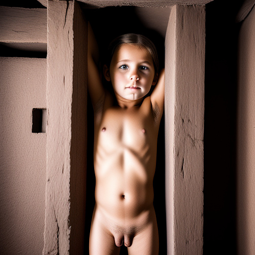 Ultra realistically a 9 year old girl tied up in the basement a 40 year old man his penis penetrates into her vagina detailed in custom style