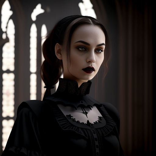 A young 16 year old girl with brown eyes and light brown hair tied into a ponytail.
 in gothic style