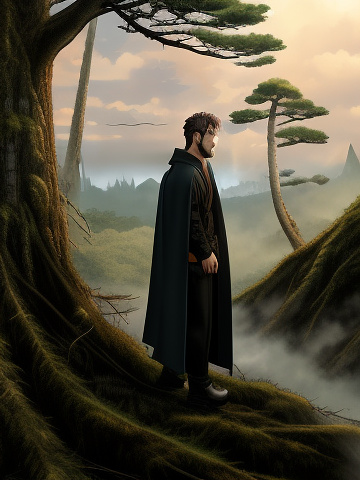 Create a fantasy image set in a dark forest with dead and broken trees and mist. have a sunrise start to break the skyline. include three people in long wizard cloaks.

the first is a handsome well dressed, caucasian man, the second is a warrior looking, caucasian man in furs and the last is a well dressed woman with almond skin. they are looking exhausted and haggard, sitting back to back appearing to look out for danger. in anime style