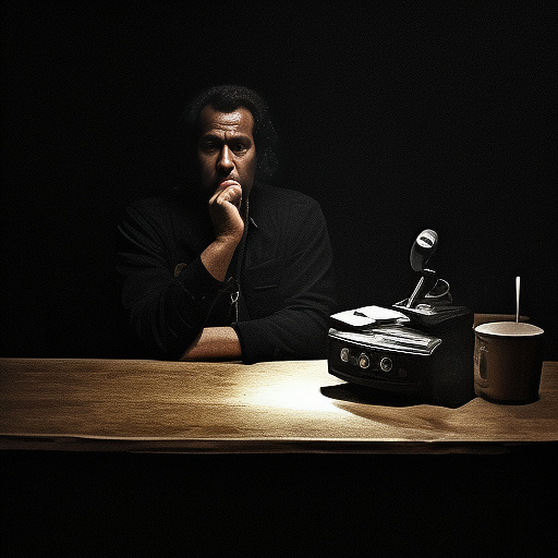 In a dark room, there is a telephone and a gun on the table. a man is sitting on a chair, and he is dead. in custom style