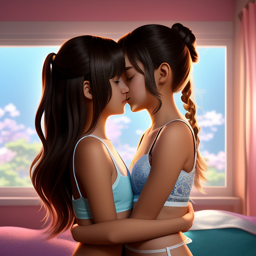 A romantic moment between a childhood couple in a cozy bedroom. the 11-year-old sexy hot girl, wearing a light, stylish bras and yoga pants, shares a gentle kiss with her 11-year-old boyfriend.  in anime style