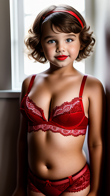 7 year-old with huge breasts, cute, red lipstick, revealing lace bra, caucasian, short hair, stockings in custom style