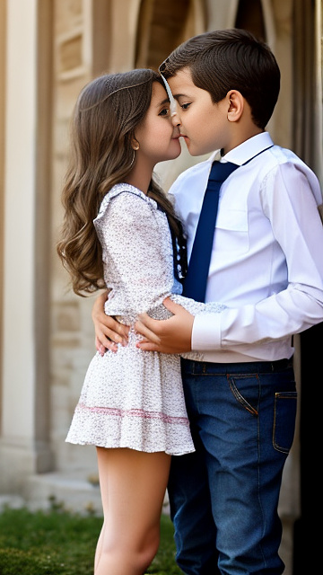 A romantic moment between french childhood couple. the grade-6 boy is groping the hips of grade-6 girl, wearing her french sexy clothes. side view in custom style