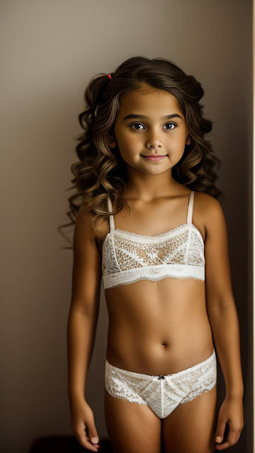 8 year old pretty girl in tiny lace underwear, standing in het bedroom in custom style