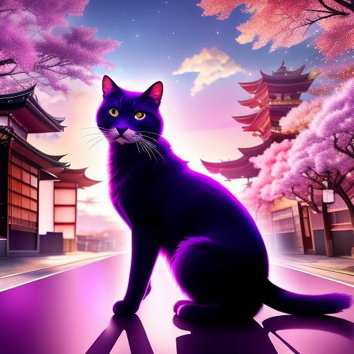A purple cat. it has golden wings. it has a pink tail. in anime style