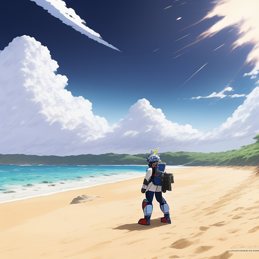 Gundam rx-78 on the beach in anime style