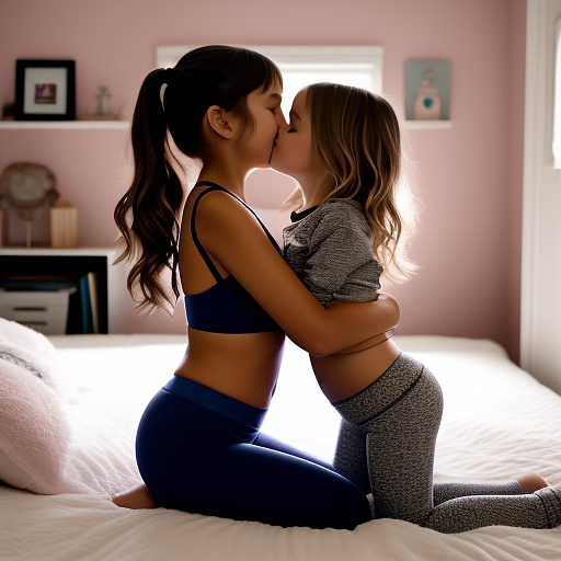 A romantic moment between a childhood couple in a cozy bedroom. the 11-year-old sexy hot girl, wearing a light, stylish bras and yoga pants, shares a gentle kiss with her 11-year-old boyfriend.  in custom style