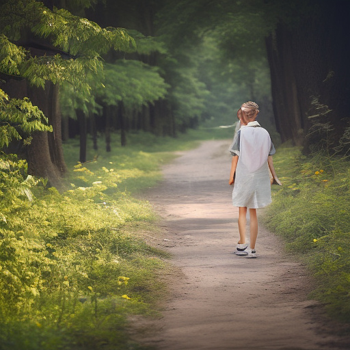 A 9-year-old girl is walking along a forest path. it's evening. she has a basket in her hand. view from behind. in custom style