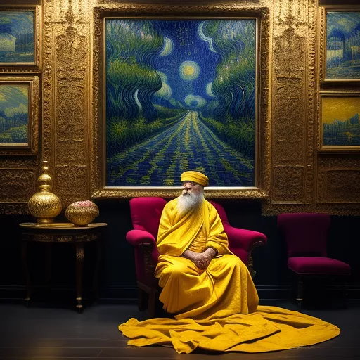 An old monk wears a very long yellow dress and si on his throne in a dark room in neo impressionism style