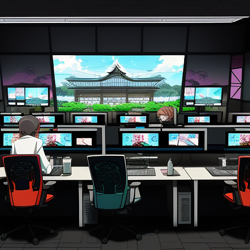 A group of people are busy on their laptops, doing as professionals, hacking. skelersecurity. the group has a boy and 2 girls in anime style
