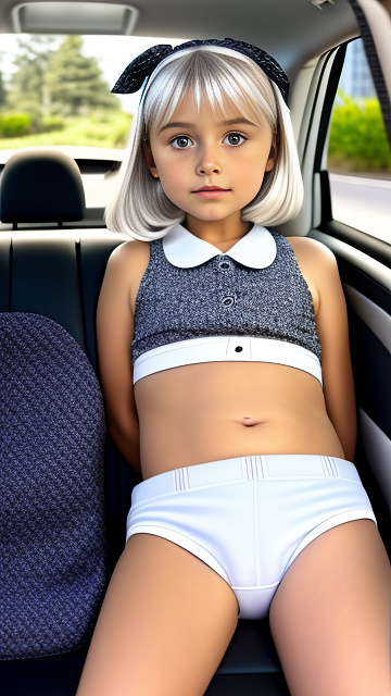 A thin blonde 9 years old in a school uniform and white children's panties, with short white hair, she languidly lies in the car in the back seat, her legs are spread apart, bows on her head in disney painted style