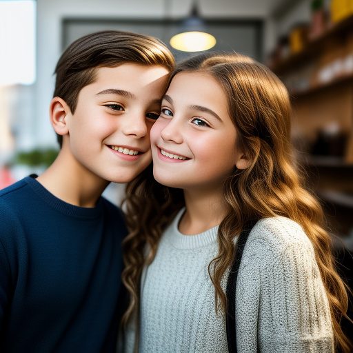 Selfie-style image of a 11-year-old european girl kissing her boyfriend on the lips, phone visible in her hand, relaxed and joyful mood, bright daytime lighting. in custom style