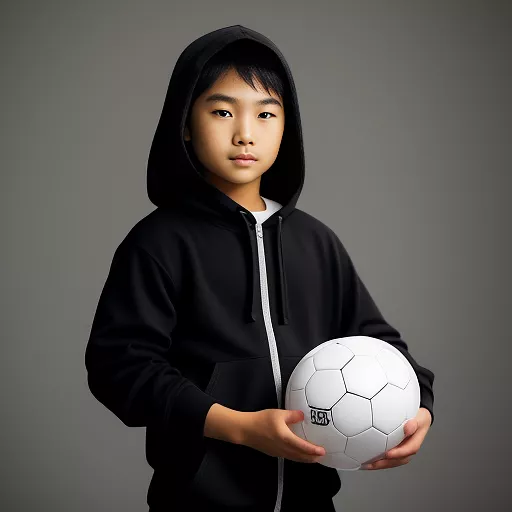 Hooded asian boy wearing black sweatpants and holding a football in anime style