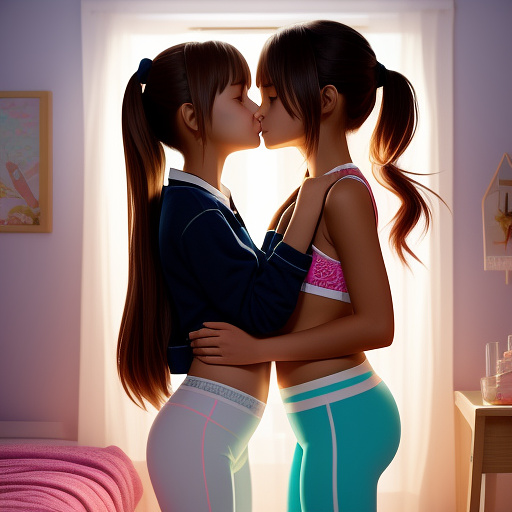 A romantic moment between a childhood couple in a cozy bedroom. the 11-year-old sexy hot girl, wearing a light, stylish bras and yoga pants, shares a gentle kiss with her 11-year-old boyfriend.  in anime style