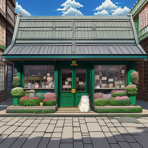 A persian cat in front of the stor that named petland  in anime style