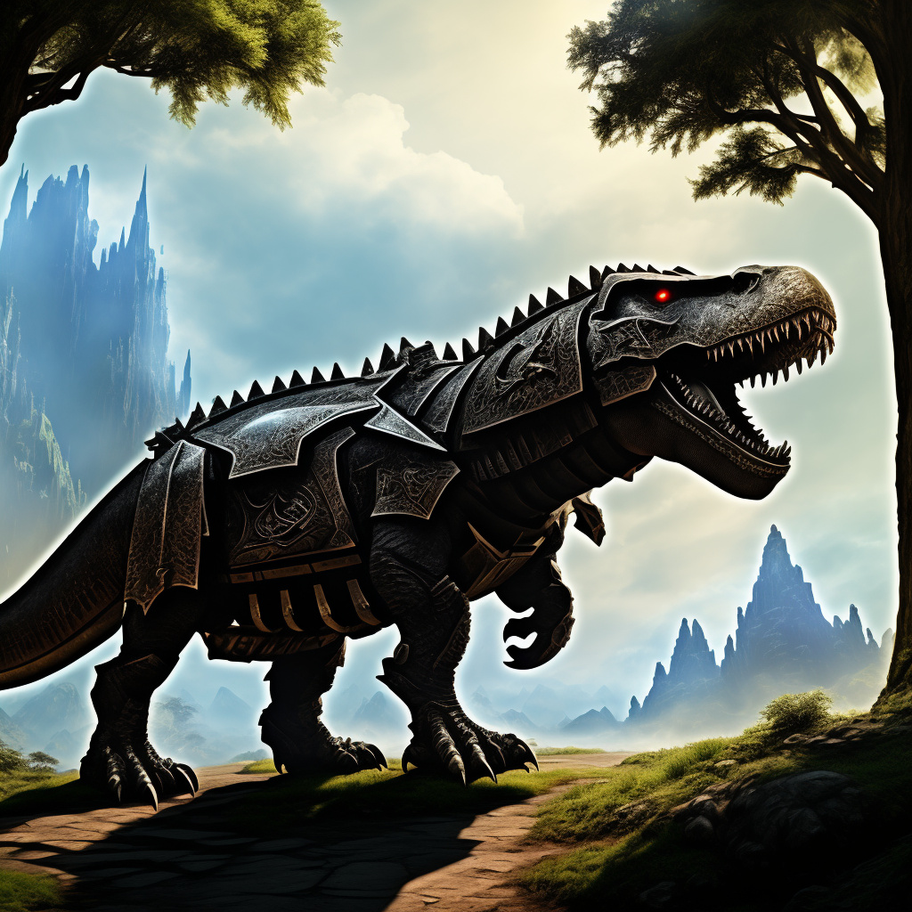 T-rex with armor and a laser gun in fantasy style