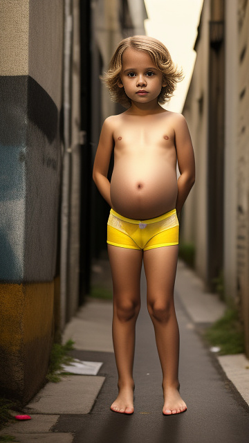 Pregnant, 7-years-old-white-boy, yellow underwear, alleyway, full body, topless in custom style