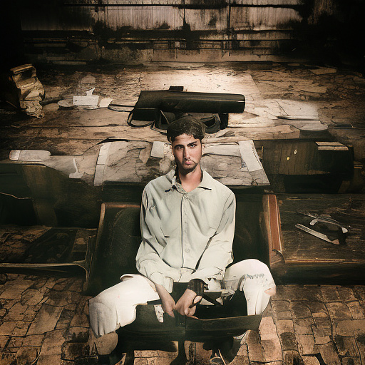 In a dark room, there is a telephone and a gun on the table. a man is sitting on a chair, and he is dead. in custom style