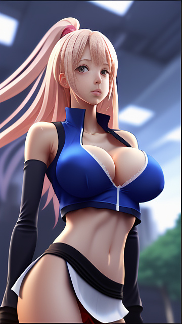 Hot e-girl, front facing, very large chest, very big breasts, tight shirt with a boob window, mini skirt, facing forward, thin face, skinny, ripped clothes, cleavage, looking forward, realistic, sexy face in anime style