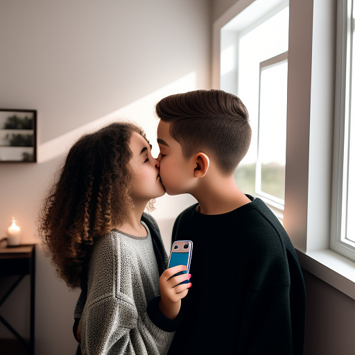 Young couple both age 11 sharing a soft kiss on the lips as they take a mirror selfie with a phone, cozy indoor setting, warm tones, modern photography. in custom style