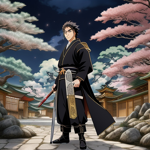 A man with a 100 swords  in anime style