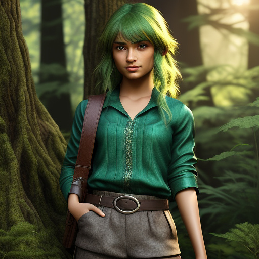 A highly detailed portrait of saria from the legend of zelda: ocarina of time. she is a young kokiri girl, with vibrant, emerald green hair, styled in a bob with bangs, framing her gentle, youthful face. her bright, intelligent blue eyes gaze thoughtfully. she wears her iconic forest green tunic with a pointed collar, a dark brown belt with a silver buckle, light brown shorts, and sturdy dark brown boots. her skin is fair and smooth. she holds her light brown fairy ocarina delicately in her hands, as if about to play a sweet melody. highly detailed eyes, highly detailed hair, highly detailed skin texture, highly detailed face. ultrarealistic, 8k, hdr, cinematic, photorealistic, highly detailed background, highly detailed environment.  in custom style