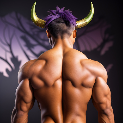 A muscular man with green eyes, two horns on top of his head, two bat wings on his back, purple skin color, in anime style