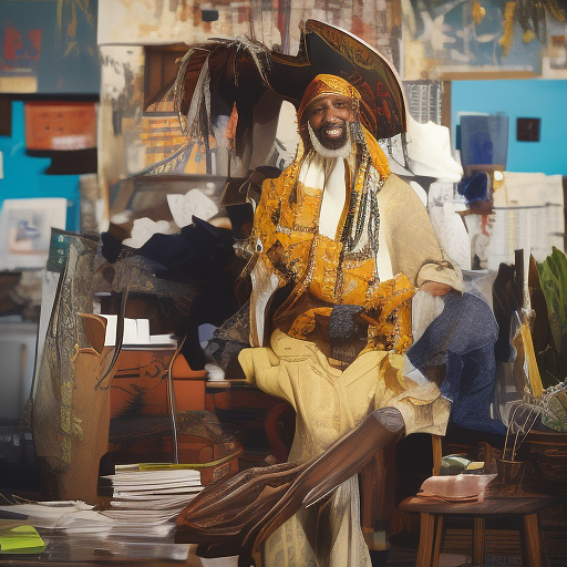 A black rastafarian is sitting on his desk, smiling happily. in custom style