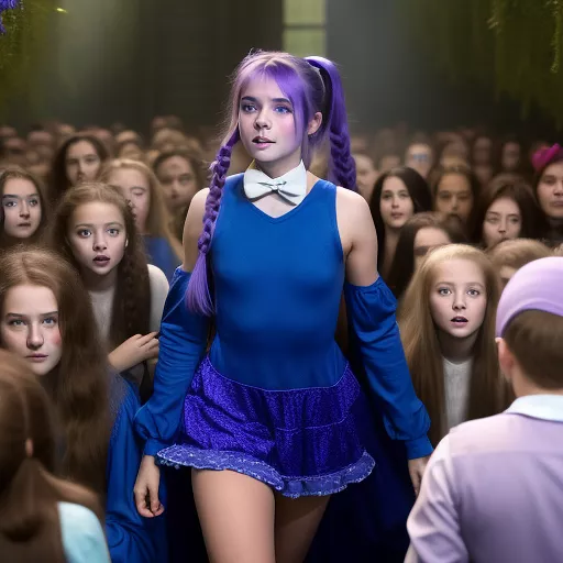 Real teen girl violet beauregard, played by denise nickerson, swollen into a massive 12 foot round blueberry. she has blue skin, beautiful long hair in a ponytail, and a startled expression on her face. she is wearing a blue dress that is stretched by her expanding body. she is surrounded by a group of people who are staring at her in shock and awe, including willy wonka, charlie bucket, and her mother. in custom style